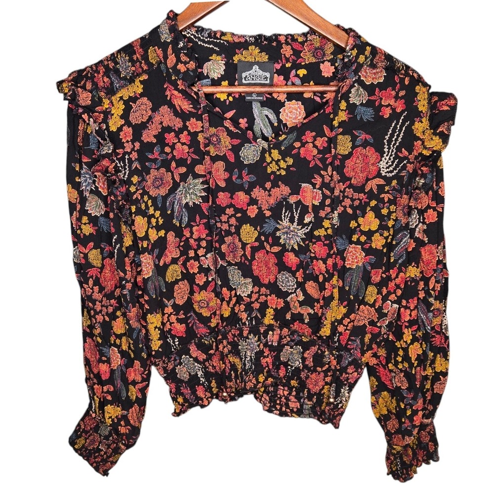Angie Floral Blouse Smocked Ruffle Long Sleeve Top Boho Rayon Black Size‎ L